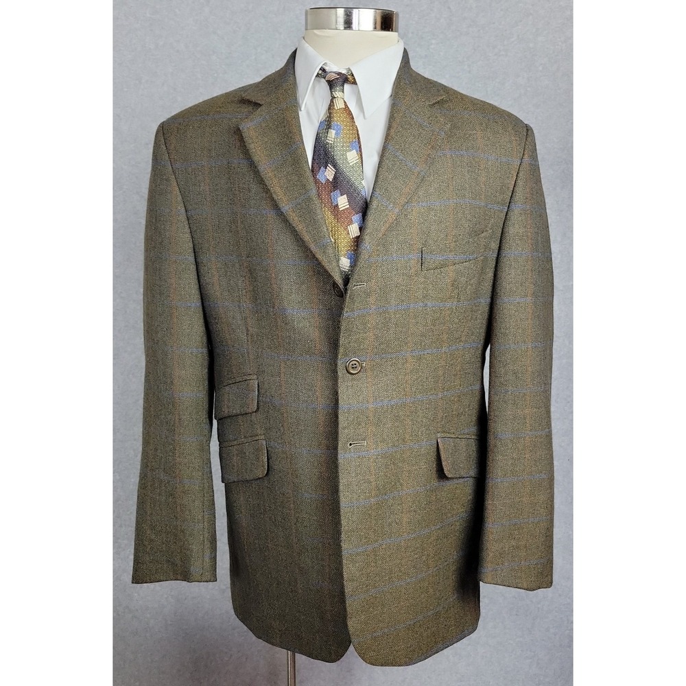 RJ Classics Platinum Mens 44R Equestrian Sport Coat Olive Brown Windowpane Tweed